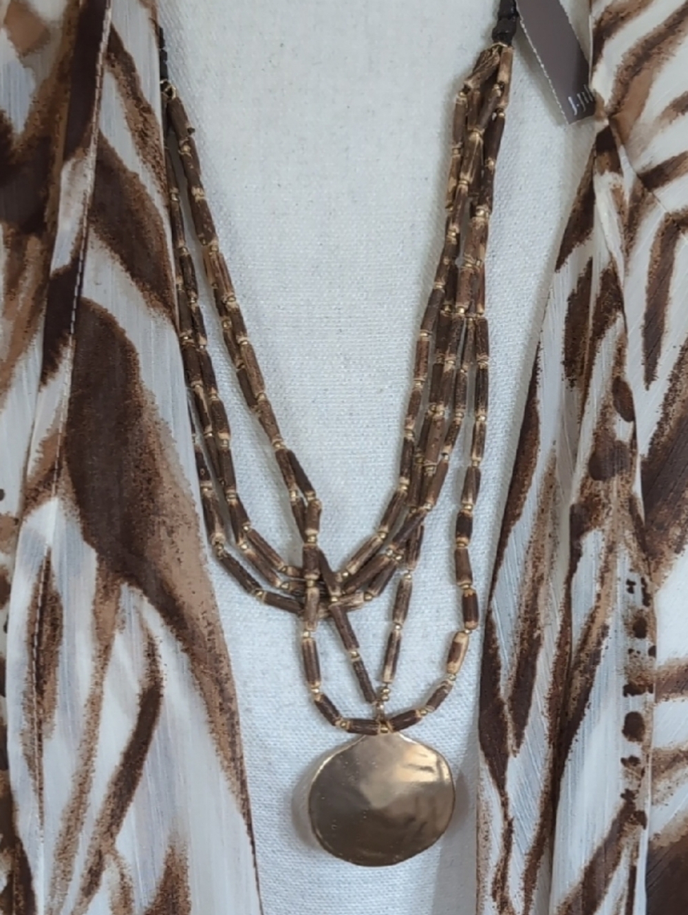 J. Jill Multi-Strand Brown Wood Beaded Hammered Gold Pendant Necklace NWT